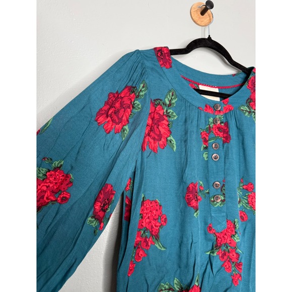 Anthropologie Maeve Kalas teal henley floral woven blouse - Picture 6 of 10